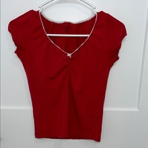 Brandy Melville Red Blouse with white Trim bow